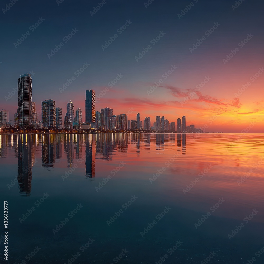 Fototapeta premium City skyline reflecting in water at sunset with vibrant colors.