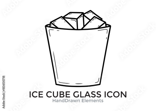 A hand-drawn illustration of a glass filled with ice cubes, presented in a simple, minimalist style.