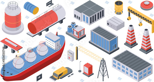 Isometric illustration of gas energy facilities including LNG ship storage tanks industrial buildings pipelines machinery control panels and offshore structures for industry