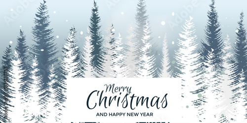 New year and Christmas greeting banner.  Forest, snow, text. Vector illustration