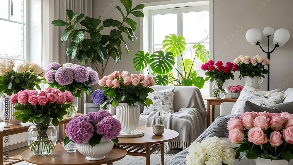 Obraz premium Abundant floral display of fresh cut flowers in a bright sunlit room