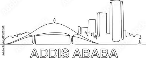 Continuous line illustration of the Addis Ababa skyline with the modern Africa Hall outline in a minimal elegant artistic drawing