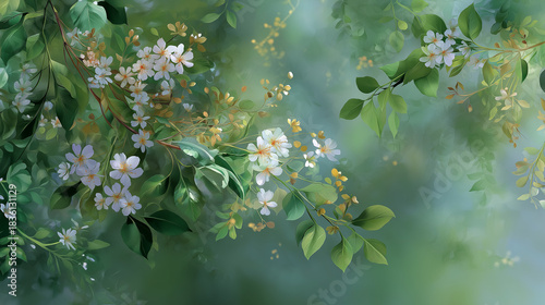 Enchanted Flora: Delicate white blossoms dance amidst lush green foliage, as though kissed by a gentle breeze. An ethereal composition of nature's beauty