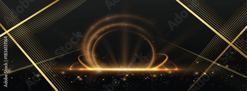 Abstract elegant golden circle with lighting effect diagonal scene sparkle on black background. Template premium award design.