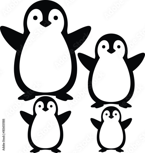 Four stylized black and white penguin silhouettes of varying sizes standing together isolated on white background