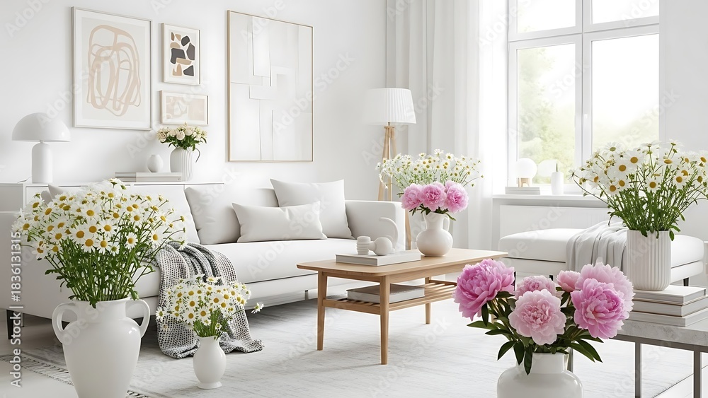 Obraz premium Bright and airy living room filled with beautiful fresh flowers