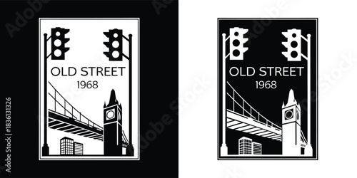 Vintage street scene illustration with traffic lights, bridge, and clock tower, labeled old street 1968, in black and white