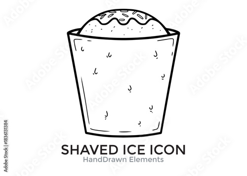 Hand-drawn illustration of shaved ice in a cup, topped with sprinkles, presented in a simple black and white line art style.