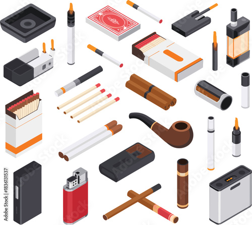Isometric illustration set featuring cigarettes cigars matches lighters smoking pipe ashtray vape devices and tobacco accessories for health awareness industry design