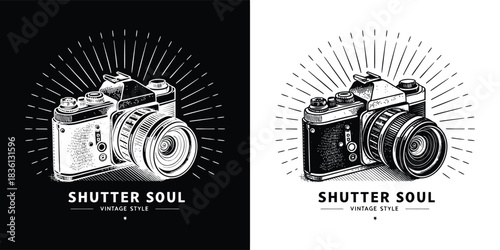 Shutter soul vintage style detailed illustration of a classic camera with a sunburst emanating, offered in contrasting black and white formats