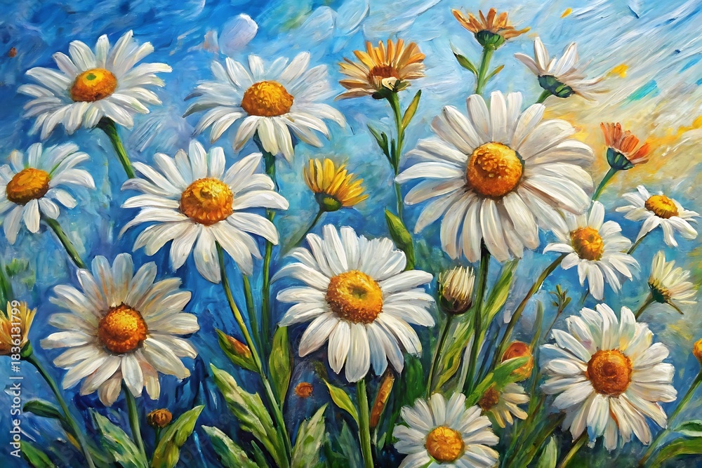 Fototapeta premium Painting of a field of white daisies