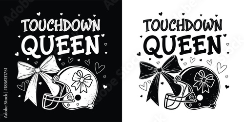 Touchdown queen american football helmet with a bow and hearts, graphic design for tshirt