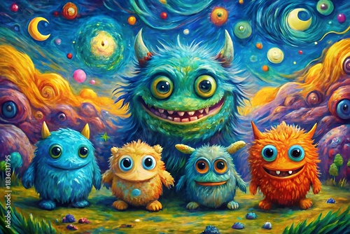 Group of four blue and orange monsters are standing together