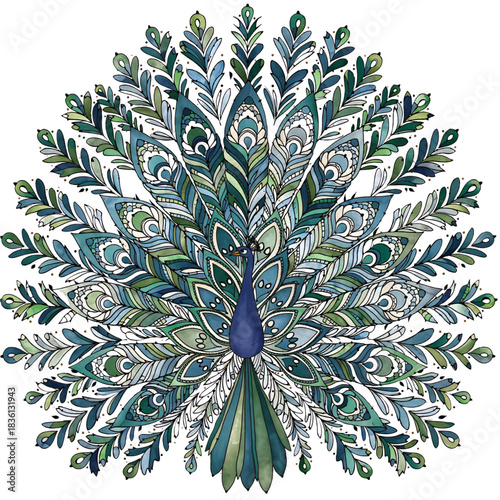 Kalamezhuthu Inspired Peacock Vector Illustration with Symmetrical Floral Patterns