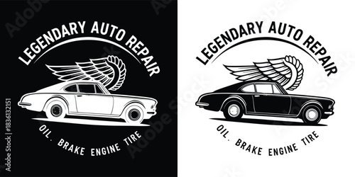 Legendary auto repair logo featuring a classic car and wings, representing expert vehicle care and mechanical expertise, in black and white