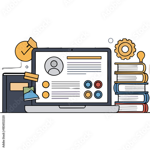 Digital Resume Profile on Laptop Screen with Stack of Books Lightbulb and Gear Illustration on a White Background Representing Career Development and Education