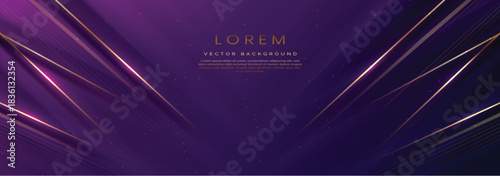 Abstract elegant dark blue and purple background with golden line and lighting effect sparkle. Luxury template design.