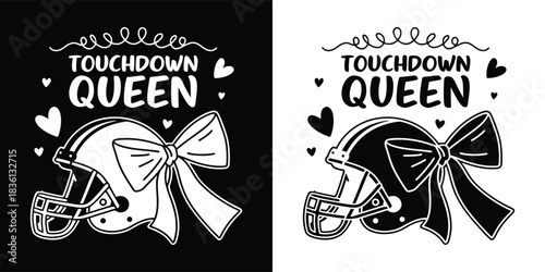 Touchdown queen american football helmet with a bow and hearts, graphic design for tshirt