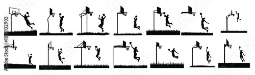 Basketball players jumping and dunking on court silhouettes