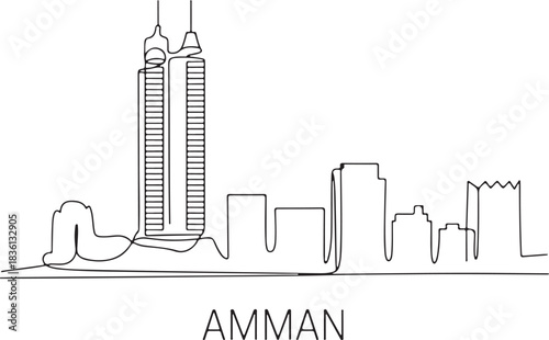Continuous line illustration of the Amman skyline with Abdali Boulevard towers in a minimal elegant outline drawing