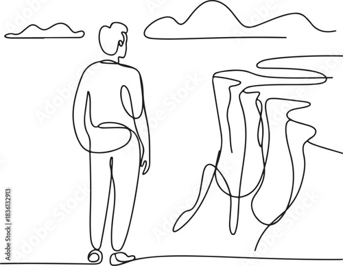 Continuous Line Art Illustration of a Figure Standing at a Cliff Edge Gazing at the Horizon in Soft Hand Drawn Contour