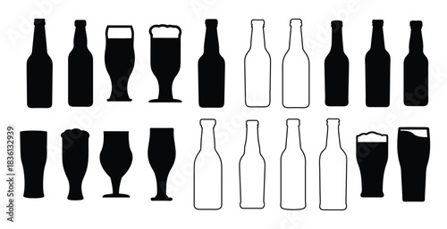 Beer Bottle and Glass Icon Set - Brewery Silhouettes, Alcohol Beverage Vector Collection