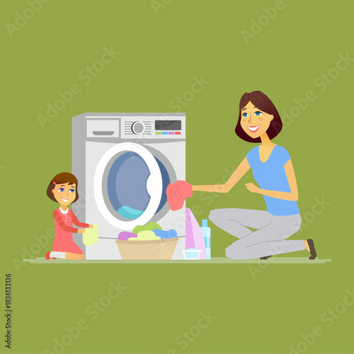 young woman and kid front of washing machine for washing cloths.