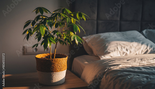 Cozy Bedroom with Morning Sunlight and Pachira Houseplant on Bedside Table