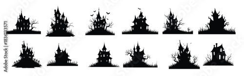 Black silhouette haunted houses and spooky trees collection