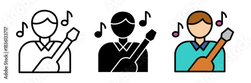 Musician icon simple outline of a person holding a musical instrument, such as a guitar or microphone, representing a musician in a clean minimal style.