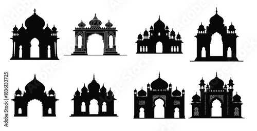 Black silhouettes of Islamic architecture and arches