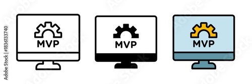 MVP (minimum viable product) icon simple outline of a lightbulb or product box with a small gear or rocket, symbolizing a startup’s MVP concept in a clean minimal style.