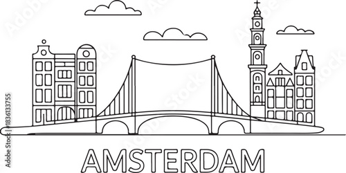Continuous line illustration of the Amsterdam skyline with a canal bridge arch in a minimal elegant outline drawing