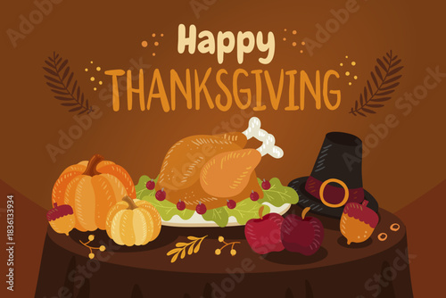 Illustration of Thanksgiving Day featuring a roasted turkey, pumpkin, apples, and berries on a brown background. Design Illustration