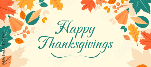 Thanksgiving greeting banner featuring colorful autumn leaves at soft cream background. Design Illustration