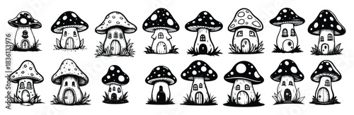 Black and white mushroom houses with windows and doors