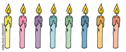 Burning birthday candle set. Doodle illustration. Hand drawn clipart for card, logo, design