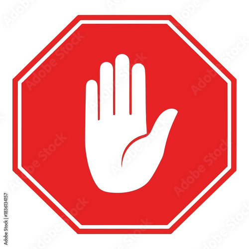 Red octagonal stop sign with a white hand symbol indicating halt or warning