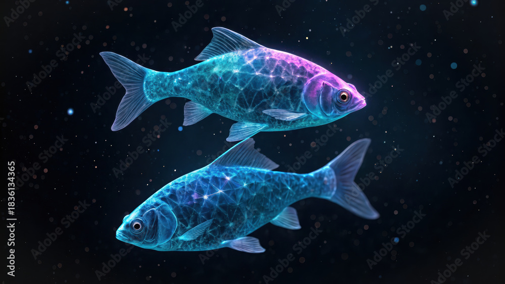 Naklejka premium Pisces zodiac. Two glowing polygonal fish swim in dark, starry background, creating mystical and futuristic atmosphere