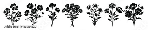  flowers bouquet black silhouette vector set 
