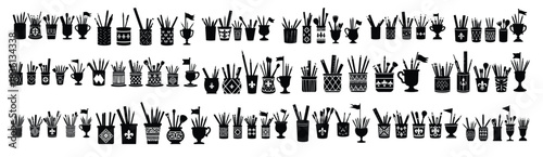 Black silhouette collection of art supplies in containers