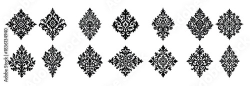 Collection of black damask ornamental motifs flourish