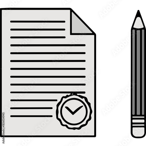 Document with Checkmark Seal and Pencil Isolated on Black Background Minimalist Illustration of Official Paperwork and Writing Tool Symbolizing Approval and Completion