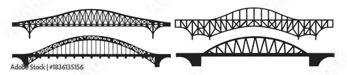 five black silhouettes of different bridge designs arching 