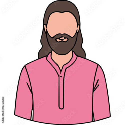 Faceless Man With Long Brown Hair And Beard Wearing A Pink Kurta Shirt Standing Against A Black Background Detailed Minimalist Vector Illustration