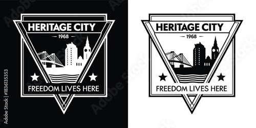 Heritage city logo featuring skyline, bridge, and text freedom lives here, in black and white