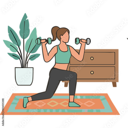 Fit Woman Performing Dumbbell Lunges Exercise Indoors With Dumbbells In Hand Standing On A Colorful Rug Next To A Plant And A Wooden Cabinet
