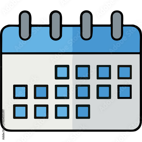 Flat Design Calendar Icon Showing Blue Squares on a White Page with a Blue Header and Gray Rings on a Black Background Symbolizing Time and Planning