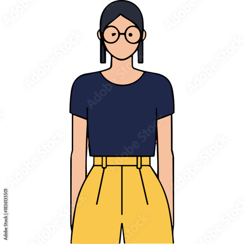 Flat Design Illustration Of A Woman Wearing A Navy Blue T Shirt And Yellow High Waisted Pants With Round Glasses And Dark Hair Against A Black Background