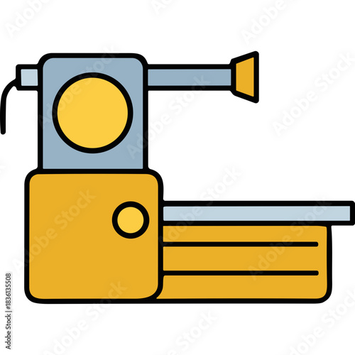 Flat Design Illustration of a Yellow and Blue Industrial Lathe Machine on a Black Background with Simple Geometric Shapes Representing Precision Engineering and Manufacturing Processes